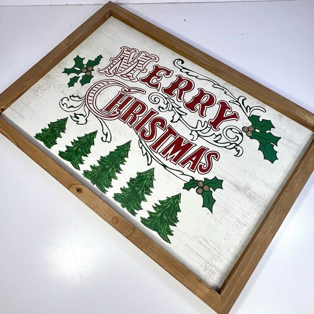 Pier 1 Folk Art Merry Christmas Wood Frame Wall Art Decor Rustic Cottage 12x17.5